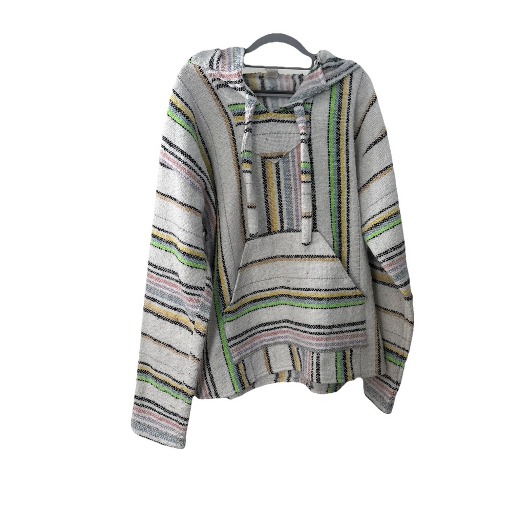 Unisex Mexican Hooded Poncho Blanket White with Multicolor Stripes Size L